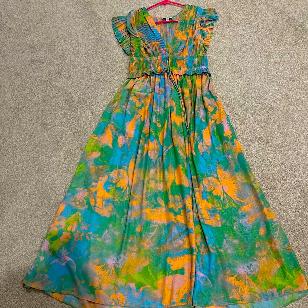 Current Air Multicolor Floral Maxi Dress in Teal, Orange, Green
